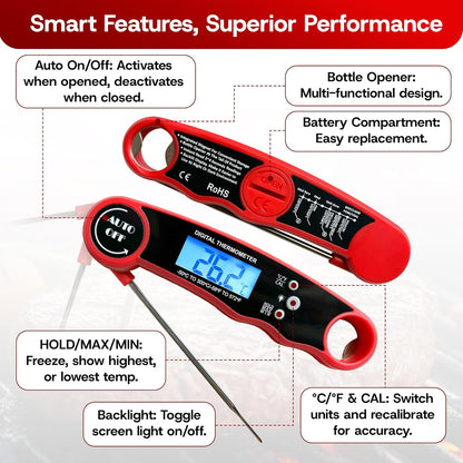 Meat Thermometer Digital Wireless with Cooking Tongs for Cooking & Grilling - Ultra-Fast Waterproof Food Thermometer with Backlight & Calibration for BBQ, Candy, Oven, Kitchen Essentials (Black/Red)