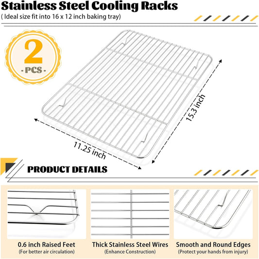 P&P CHEF Cooling Baking Rack Pack of 2, Stainless Steel Cooling Racks for Cooking Baking Roasting Grilling Drying, Dense Wires & Smooth Edge, Easy to clean, Silver, 15.3" x 11.25"