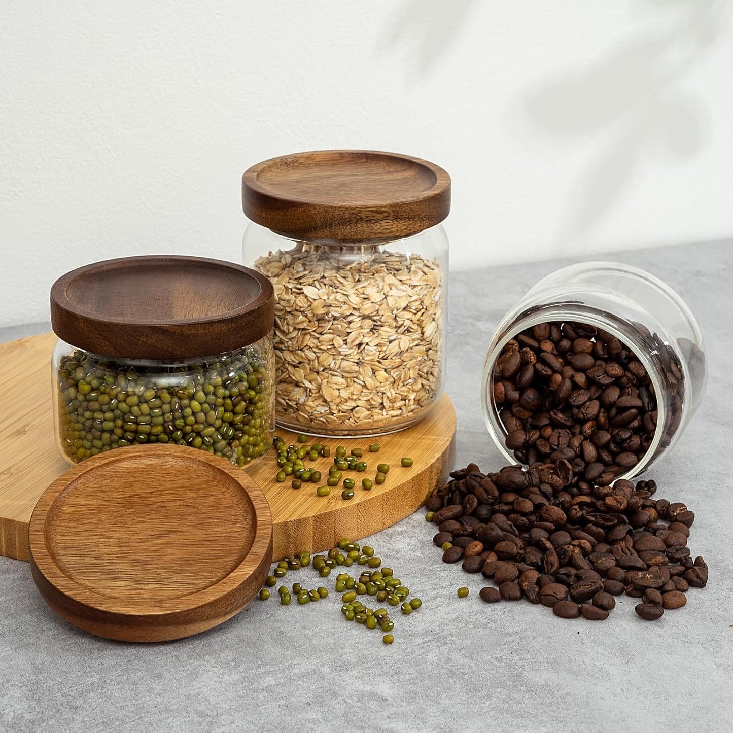 2PCS Small Glass Storage Jars with Airtight Lids, 17 fl oz (500ml) coffee container with Wooden Lid, Glass Pantry Canister for Beans, Rice, Sugar and etc