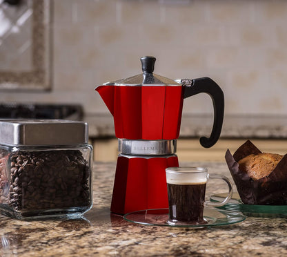 Bellemain Stovetop Espresso Maker | Italian Moka Pot Espresso Maker, Classic Aluminum Design Mocha Pot for Home Brewing & Camping | Easy to Use & Clean - 3-Cup, Red