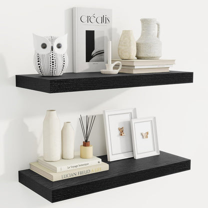 Fun Memories Floating Shelves for Wall, 24 Inch Rustic Wood Wall Mounted Shelves for Bathroom, Bedroom, Living Room, Deep Floating Shelves for Storage & Home Decor (Black, Set of 2)