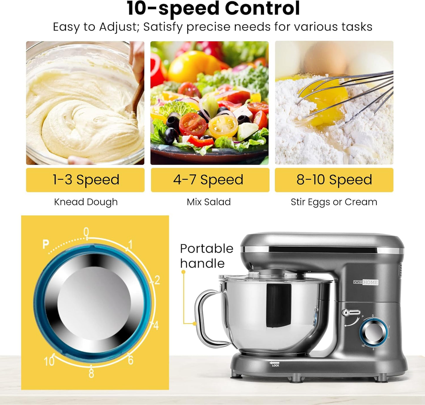 VIVOHOME Stand Mixer, 660W 10 Speed 6 Quart Tilt-Head Kitchen Electric Food Mixer with Beater, Dough Hook, Wire Whip and Egg Separator, Gray