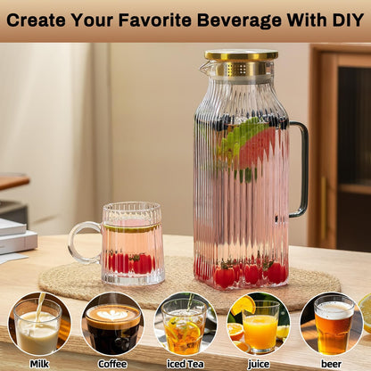 2 PACK Square Glass Pitcher with Lid and Spout,68 oz/2 Liter Vertical Stripes Water Pitcher for Fridge, Borosilicate Glass Water Carafe for Cold Brew, Coffee, Lemonade, Sun Tea,Heat Resistant