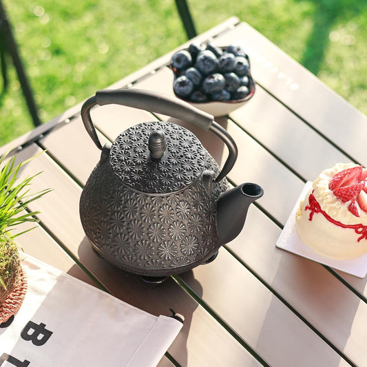 Cast Iron Teapot, 32oz Tea Kettle with Infuser for Stove Top, Sakura Blossom Pattern Japanese Tea Pot for Tea & Coffee Coated with Enameled Interior, Silicone Handle 950ml black