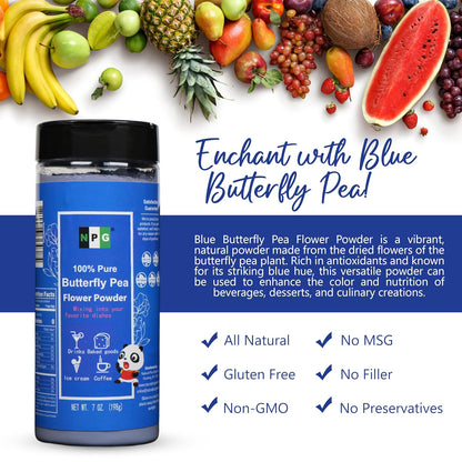 NPG 100% Pure Blue Butterfly Pea Flower Powder 7 oz(198 g), All Natural Non GMO Blue Food Coloring Powder Rich in Antioxidants,Caffeine Free Gluten Free Vegan