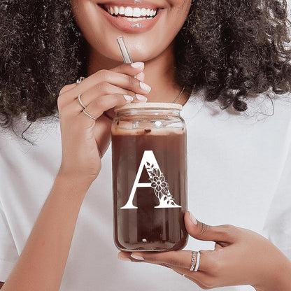 Personalized Gifts for Women, Monogrammed Glass Cups with Lids and Straws, Custom Tumbler, Cute Customized Mug, Aesthetic Stuff, Initial Iced Coffee Cup, Drinking Glasses, Birthday Teacher Gifts, T