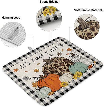 Fall Dish Drying Mat for Kitchen Counter Pumpkin Drying Pad Absorbent Drying Mats for Countertops Sinks Draining Racks Maple Leaves Black Buffalo Plaid Drainer Holiday Harvest Thanksgiving Decor 16x18