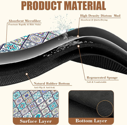Colorful Tiles Dish Drying Mat for Kitchen Counter Hide Stain Absorbent Coffee Bar Mat Non-Slip Rubber Backed Drying Rack Pad Coffee Pot Espresso Machine Table Accessories 15.7 x 23.6 Inch