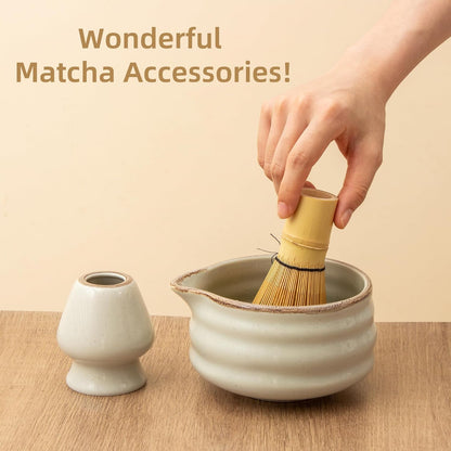 2pcs Matcha Bowl with Whisk Holder, Ceramic Grey Matcha Bowl with Spout, 16.5OZ Porcelain Bowl with Measurement Marks, Tea Mixing Bowl with Whisk Stand, Matcha Gift Set (grey)