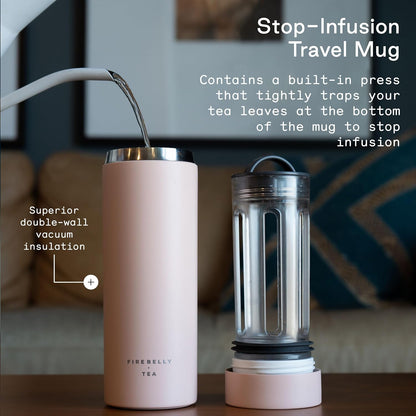 Firebelly Tea, Travel Tea Infuser Mug with Strainer, Insulated Tumbler for Loose Leaf Tea or Coffee, Leakproof Bottle for Hot or Iced Drinks, Stainless Steel Thermos with Lid, Salmon