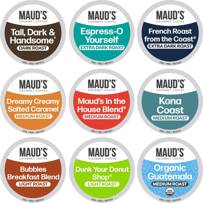 Maud's Original Coffee Pods Variety Pack, 80 ct, 9 Assorted Roasts, Dark & Medium Roast Coffee in Recyclable Single Serve Pods – 100% Arabica Coffee, Compatible with Keurig K Cups Maker