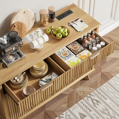 QUW Fluted Buffet Sideboard Cabinet with Storage, 47.2" Kitchen Cabinet with Drawers and Adjustable Shelves, Modern Coffee Bar with Charging Station, for Dining Room, Living Room, Natural Oak