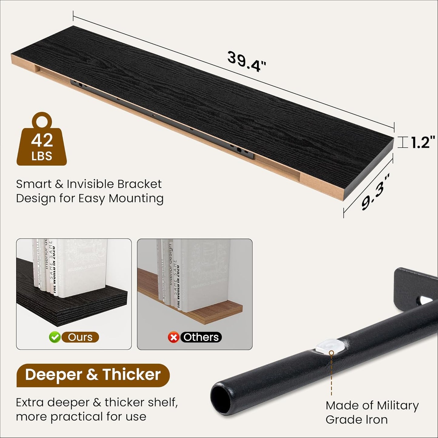 Fun Memories 40" Rustic Wood Floating Shelves with Invisible Brackets for Storage & Decor, Deep Wall Mounted Shelves for Bathroom, Kitchen, Living Room (Black, Set of 2)