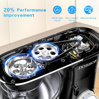 DOBBOR Electric Stand mixer, 9.5QT 660W 6 Speeds Tilt-Head Dough Mixers, Bread Mixer with Dough Hook, Whisk, Beater, Splash Guard for Baking Bread, Cake, Cookie, Pizza, Muffin, Salad and More - Black