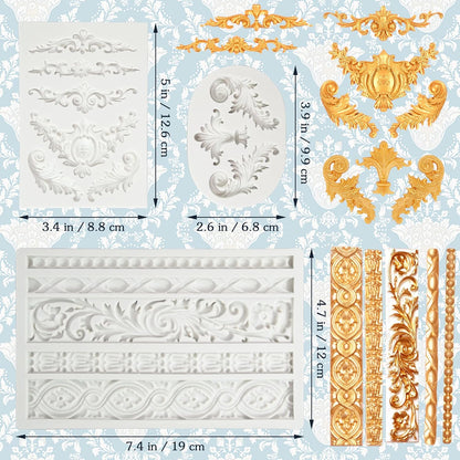 3 Packs Baroque Silicone Molds Scroll Silicone Baroque Mold Clay Molds Fondant Molds Border Fondant Mold Wedding Birthday Cake Decoration
