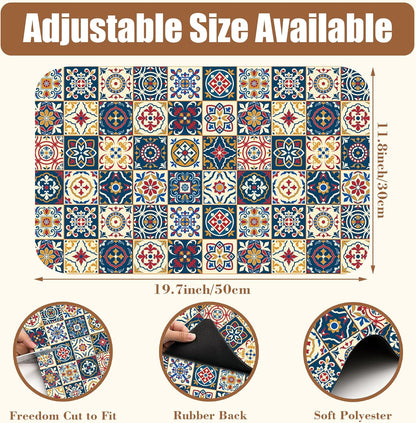 Dish Drying Mat Moroccan Tile Coffee Bar Mat for Countertop Absorbent Rubber Backed Hide Stain Dish Drainer Rack Pad Coffee Maker Espresso Machine Dining Room Decoration 11.8 x 19.7 Inch