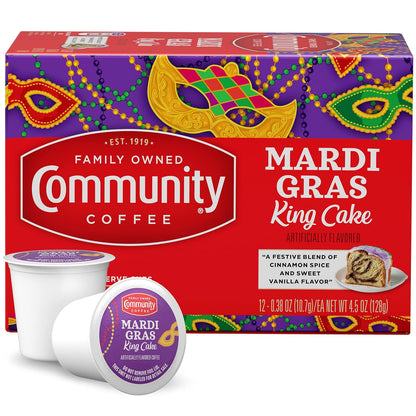 Community Coffee Mardi Gras King Cake Flavored 12 Count Coffee Pods, Medium Roast, Compatible with Keurig 2.0 K-Cup Brewers, 12 Count (Pack of1)
