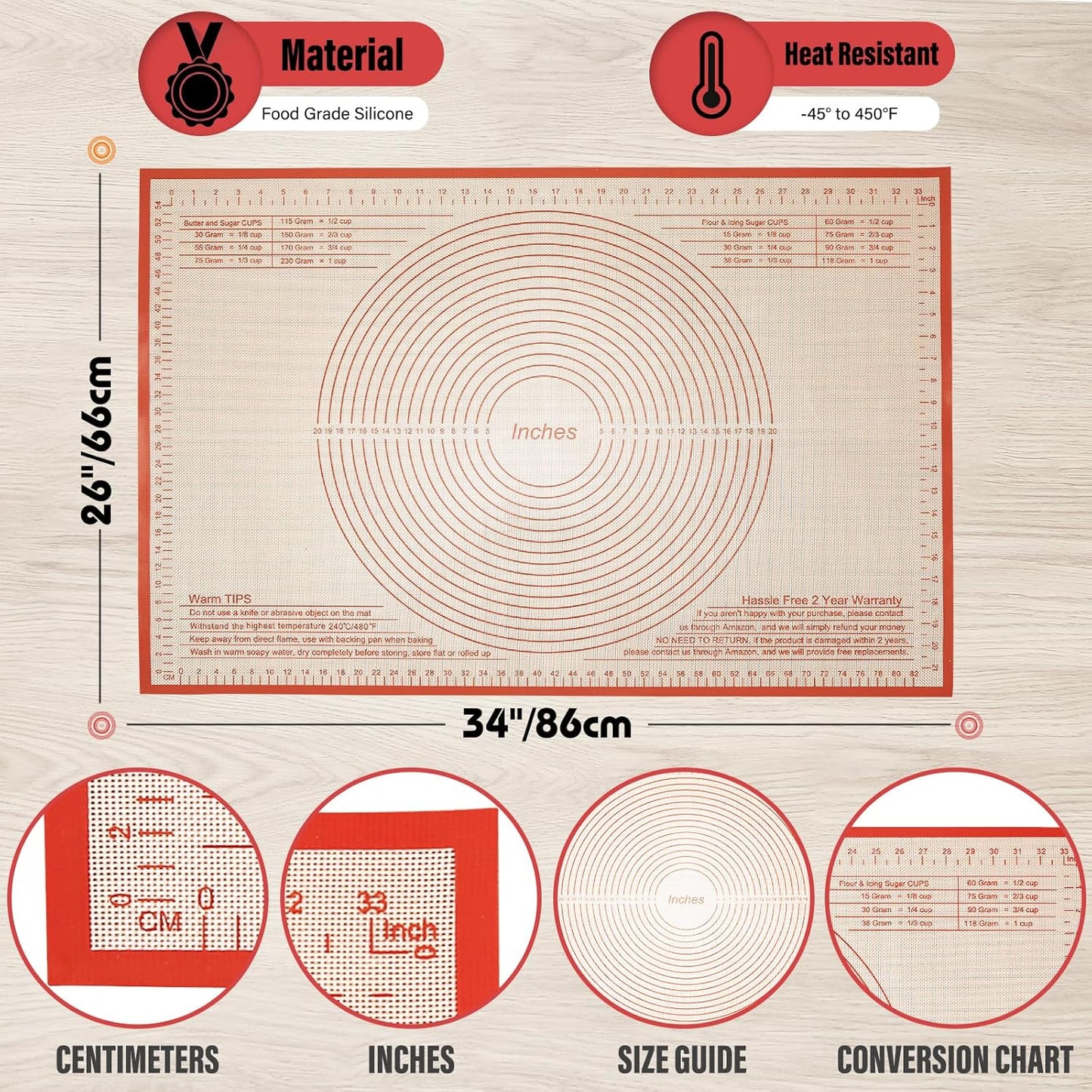 Silicone Pastry Mat 34x26 Inch - Nonstick Baking Mat Perfect for Dough, Pastry, Pie Crust, Fondant, Bread, Cookies, Pasta, Pizza