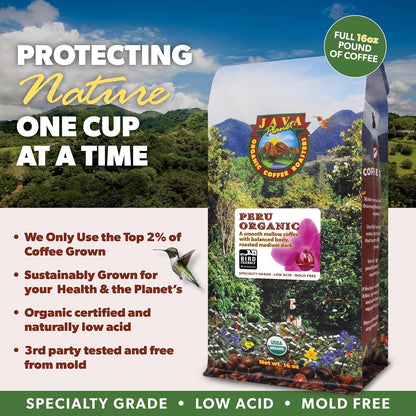 Low Acid Organic Coffee – Whole Bean, Mold-Free & Stomach Friendly by Java Planet, Peruvian Single Origin Coffee, Medium Dark Roast, Smooth Full Flavored, Smithsonian Bird Friendly, 1LB Bag