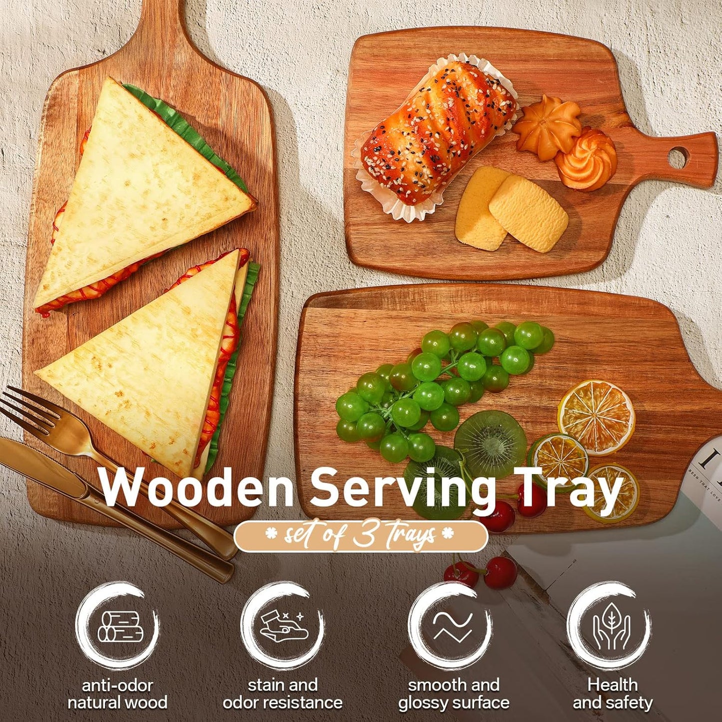 Kathfly 3 Pcs Acacia Wood Cutting Board with Handle Wooden Laser Kitchen Serving Charcuterie Board for Vegetables Meat Pizza Cheese Fruit Bread(17x7, 14x7, 10x7 Inch)