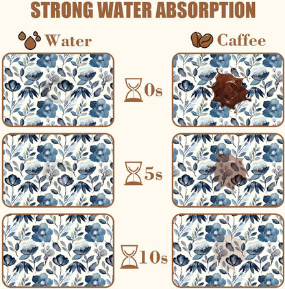 Blue Flowers Dish Drying Mat for Kitchen Counter Coffee Mat Hide Stain Absorbent Dish Drainer Rack Pad with Non-Slip Rubber Backed Espresso Machine Coffee Bar Accessories 11.8 x 19.7 Inch