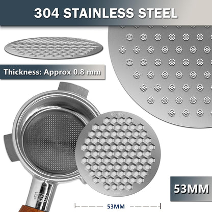 NEOUZA V4 Espresso Puck Screen 0.8mm Thickness Honeycomb Mesh Double Layer Black Protective Coating for Coffee Portafilter Basket (2, Silver, 53mm)