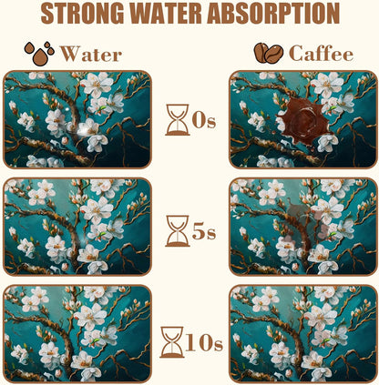 Blossoming Almond Tree Dish Drying Mat for Kitchen Counter Hide Stain Absorbent Drying Rack Pad Rubber Backed Coffee Mat Espresso Machine Coffee Bar Accessories 11.8 x 19.7 Inch