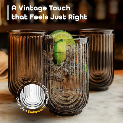 Vintage Glassware Art Deco Highball Glasses Set of 4 Smoke Ribbed Drinking Glasses 17 Oz Black U-Shape Arch Design Colored Cocktail Kitchen Tumblers