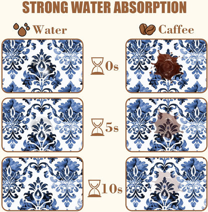 Blue Damask Flower Dish Drying Mat for Kitchen Counter Bar Mat Hide Stain Absorbent Rubber Backed Coffee Maker Espresso Machine Bar Accessories 11.8 x 19.7 Inch