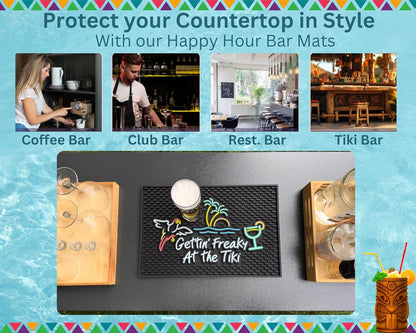 Gettin Freaky at The Tiki Sign with Flying Parrot, Palm Tree and Cocktail Tiki Bar Mats for Countertop 18 x 12in, Coffee Station Mat and Coffee Bar Mat, Aloha, Hawaiian and Luau Party Decorations