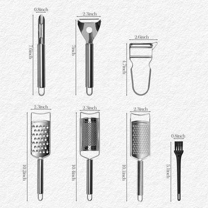 Cheese Grater Set, 7-Piece Zester Grater Peeler Set Stainless Steel Kitchen Utensil Set for Bar Restaurant Home Ginger Lemon Fruit Chocolate Vegetables Apple Gift for Christmas Birthday Housewarming