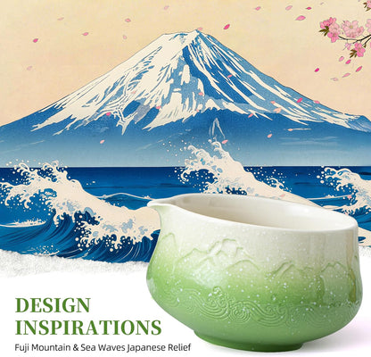 TEANAGOO 7 Pcs Matcha Whisk Set,Green Matcha Set, Ceremony Matcha Powder Kit,Matcha Tea Set for Making Latte,Matcha Whisk Set and Bowl with Scoop&Sifter,Fuji Design Ceramic Bowl,Gift for Matcha Lovers
