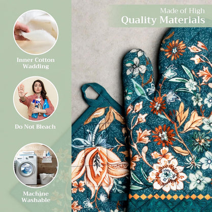 Maison d' Hermine 100% Cotton Oven Mitt & Pot Holder Set (7.5"x13" & 8"x8") Heat Resistant BBQ Cooking Gloves with Loop, Baking, Grilling, Kitchen, Handling Hot Pans (Luxury Loft-Dark Teal)