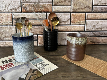 Stoneware Coffee Bar Utensil Holder Tea & Coffee Spoon & Stirrer Holder for Stir Stick Straw Teaspoon Holder Spoon Cup Small Utensil Jar (Retro Rustic Brown)