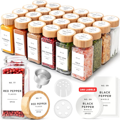 Square Spice Jars with Bamboo Wooden Lid (Pack of 24) Spice Jars with Shaker Insert and 240 Labels - Bamboo Lid Glass Container for Spice Organisation [4.3 in × 1.8 in]