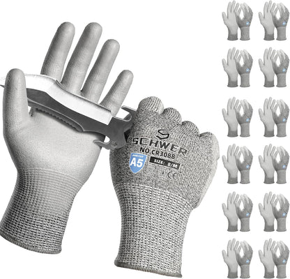 Schwer 12 Pairs ANSI A5 Cut Resistant Work Gloves, Cut Proof Gloves with PU Coating, Used for Metal Fabrication, WoodWorking, Construction, Non Slip, Durable, M, CR3088