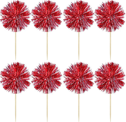 Gyufise 30Pcs Foil Firework Cupcake Toppers Sparkle Tinsel Cake Toppers Tinsel Drink Cake Decoration Cocktail Picks for Birthday Wedding Graduation Party Supplies Dark Red
