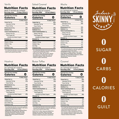 Jordan's Skinny Syrups Sugar Free Coffee Syrup, Vanilla, Salted Caramel, Hazelnut, Mocha, Butter Toffee, and Caramel Syrups, Zero Calorie Flavoring, 25.4 Fl Oz (Pack of 6), Sampler Variety Pack