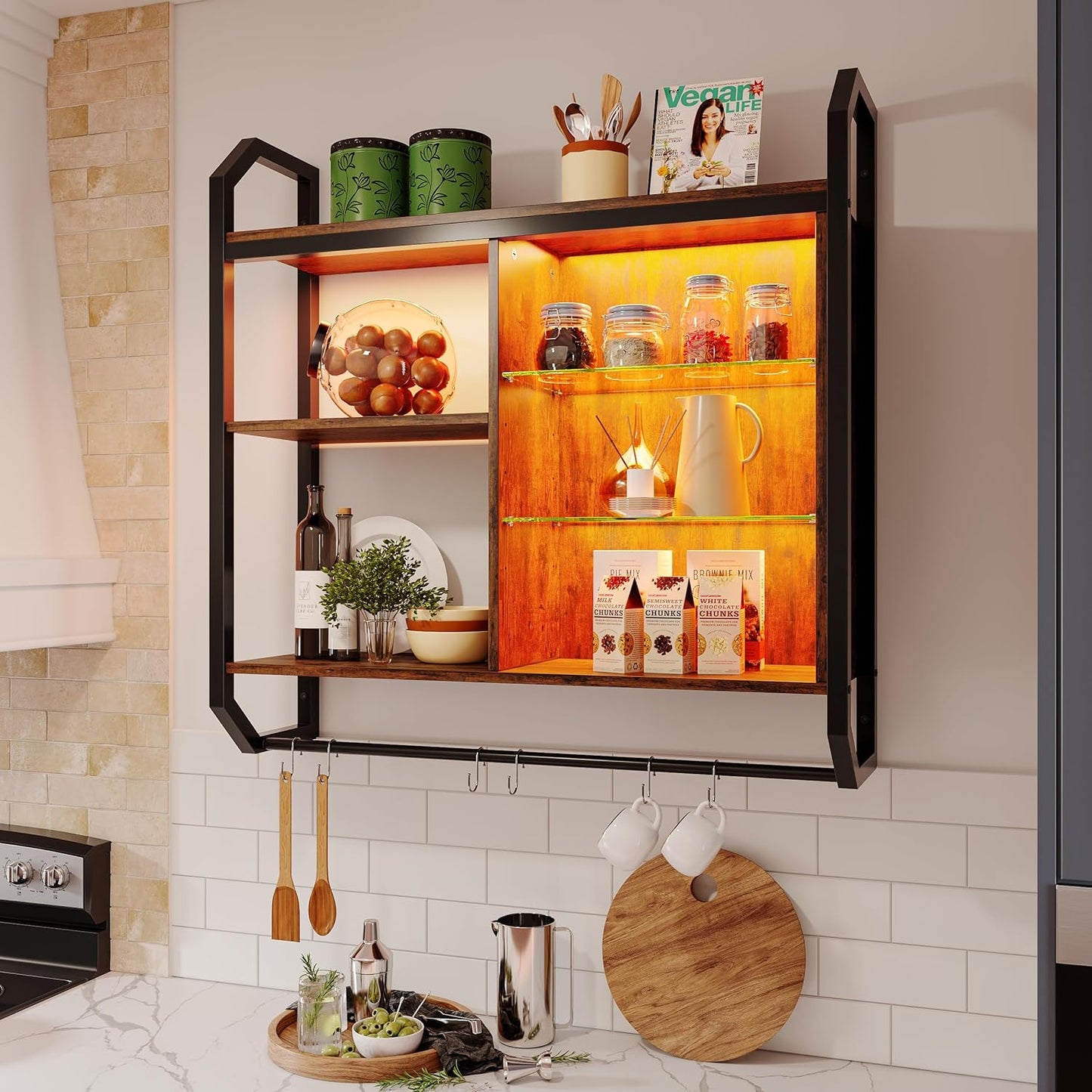 Bestier LED Kitchen Floating Shelves, 34" Industrial Pipe Shelves with Adjustable Glass Shelves, Wall Mounted Shelf with 6 S-Hook Towel Bar, Wine Coffee Bar Rack for Room Decor Rustic Brown