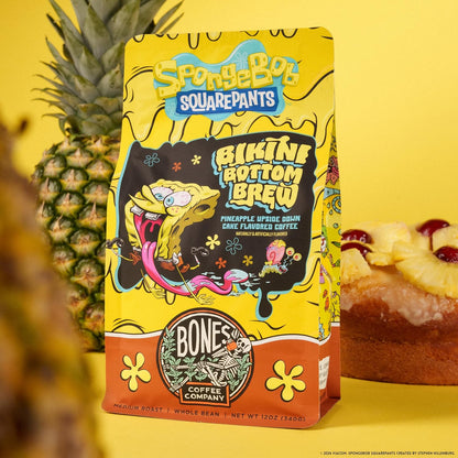 Bones Coffee Company Spongebob Bikini Bottom Brew, Pineapple Upside Down Cake Flavored Coffee, Medium Roast Low Acid Arabica Beans For Auto drip and French Press Coffee Maker, 12 Oz Ground