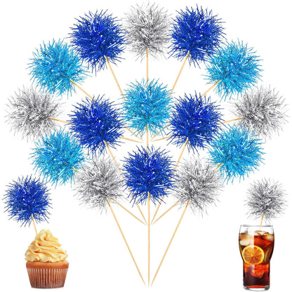 Chinco 100 Pcs Foil Firework Cupcake Toppers Sparkle Tinsel Cake Toppers Cake Decoration Cocktail Fruit Toothpick for Birthday Wedding Graduation Party(Dark Blue, Light Blue, Silver)