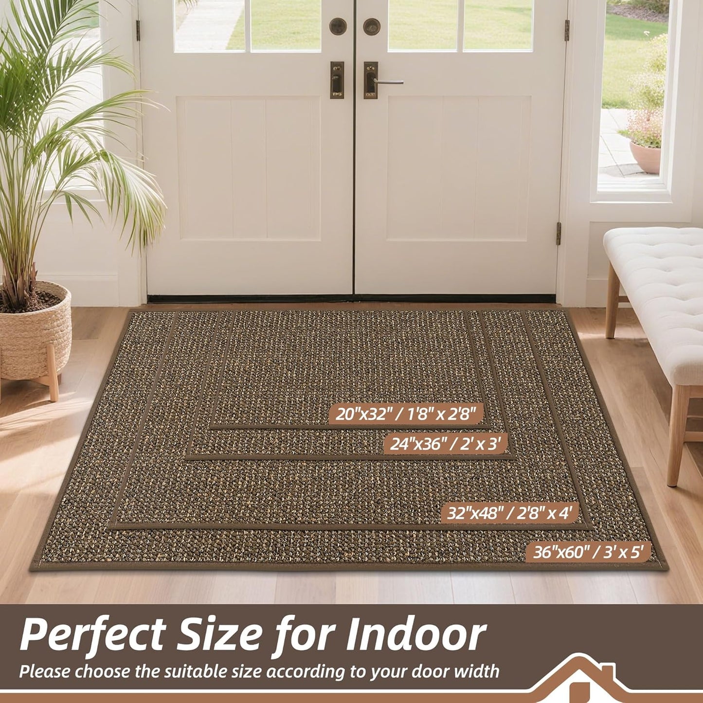 BEQHAUSE Dirt Trapper Door Mat 24" x 36", Non-Slip Washable Doormats Entrance Mat, Dirt Resistant and Absorbent Welcome Mat, Low Profile Floor Mats for Front Back Door and Entryway, Brown
