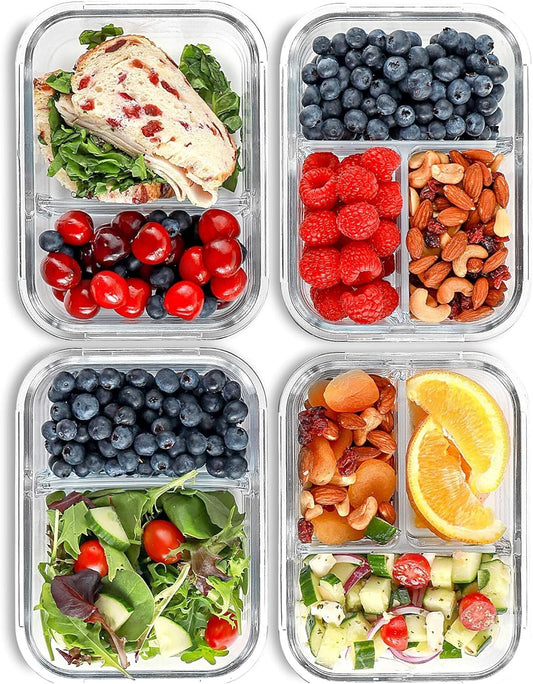 FIT Strong & Healthy Glass Meal Prep Containers, 2 & 3 Compartments - Portion Control, Lunch Container Set, Food Storage, Airtight Lids, Oven & Freezer Safe, Leak-Proof Bento Box, 32 oz, Blue, 4 Pack