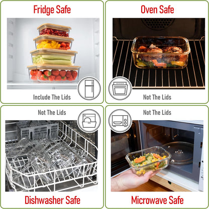 Set of 4 Stackable Space-Saving Nesting Glass Containers with Airtight Bamboo Lids - Lunch, Meal & Food Prep - Microwave & Oven Safe BPA Free Durable Heat Resistant Inert Borosilicate Glass