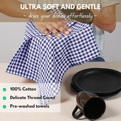 Native Fab Gingham Dish Towels 16x26 inches Set of 4 - Absorbent Washable Dishcloths, Dish Towels for Quick Drying Dishes, Kitchen Hand Towels with Hanging Loop, Blue White