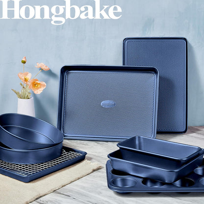 HONGBAKE 9-Piece Baking Pans Set Nonstick, Stackable Non Toxic Bakeware Sets with Diamond Texture, Oven Pan Set for Cooking, Includes Cookie Sheet with Rack, Cake Pan, Roasting Pan, Muffin Tin, Blue