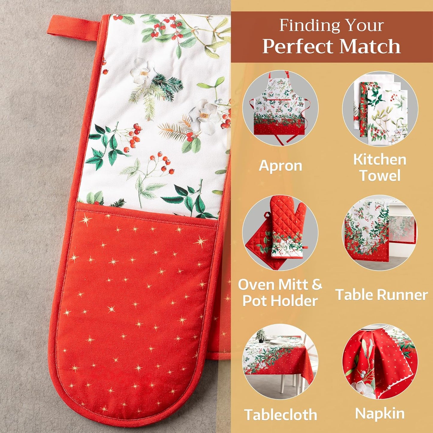 Maison d' Hermine Double Oven Mitts 100% Cotton 7"x35" Double Oven Mitt Heat Resistant BBQ Cooking Gloves with Loop, Baking, Grilling, Home, Kitchen, Handling Hot Pans (Noel)