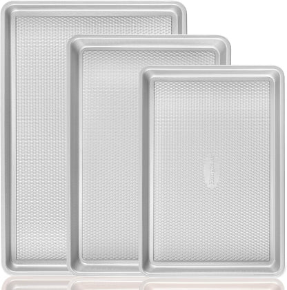 HONGBAKE Baking Sheet Pan Set, Cookie Sheets for Oven, Nonstick Half/Quarter/Jelly Roll Pans with Diamond Texture Pattern, Heavy Duty Cookie Tray, Silver