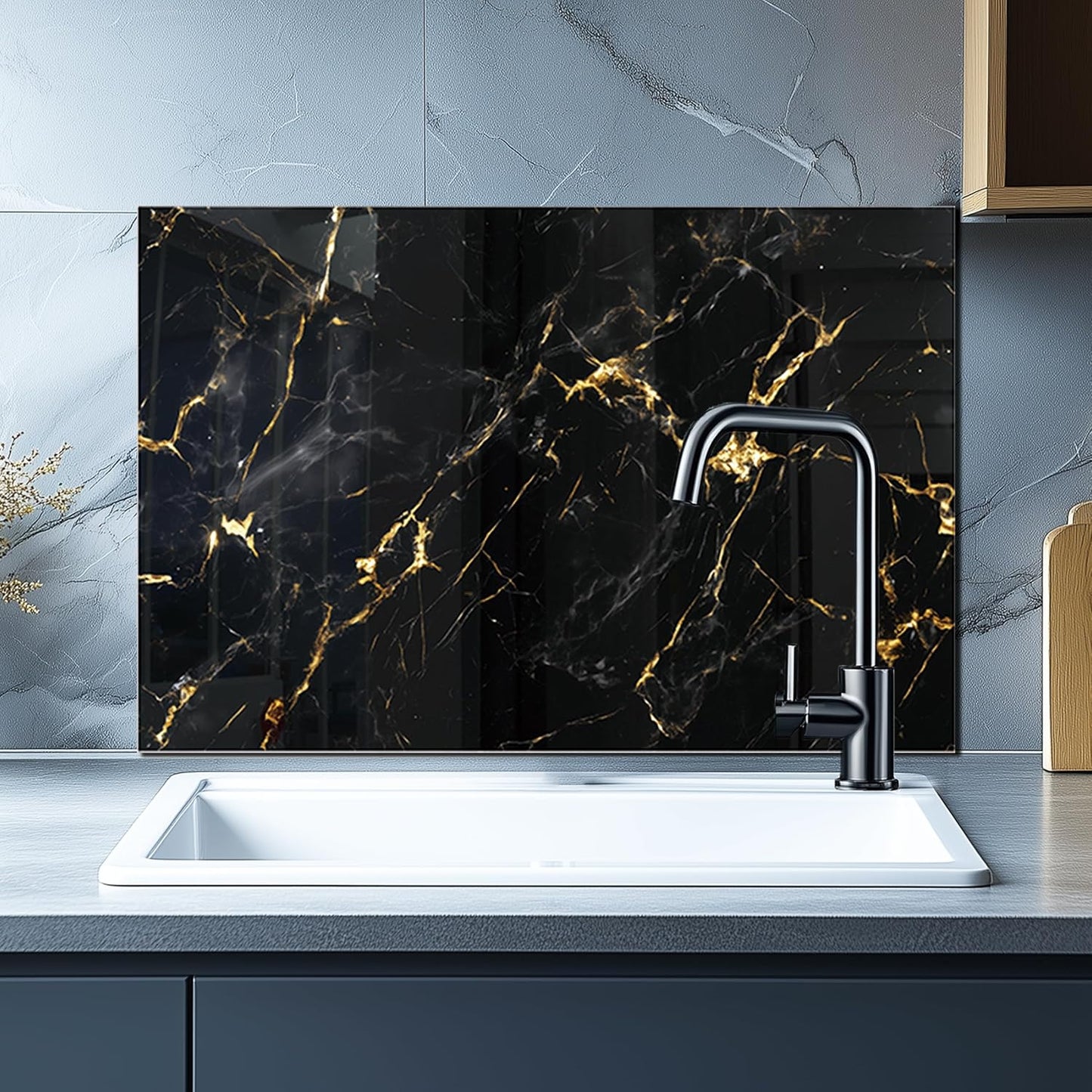 DAIFURONGE Tempered Glass Backsplash For Kitchen Behind Stove,Black Marbling Stove Backsplash Top Cover,Easy to Clean Glass Splashback, Sink Cover Splash Guard,Home Kitchen Wall Decor (30"x20"(76.2x50.8cm))