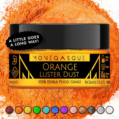 MONÉGASQUE Orange Edible Glitter for Drinks 7g – Edible Glitter for Cakes & Cocktails - Orange Luster Dust for Cocktail, Halloween Cake, & Strawberries - Drink, Food Decorations, Cake Decorating Spray